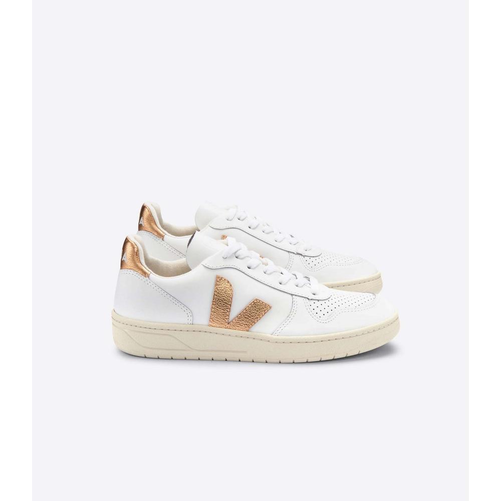 Women\'s Veja V-10 LEATHER Sneakers White/Gold | SG 641CTV